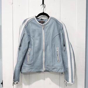 VTG Power Trip Leather Motorcycle Jacket In Blue/White Size Medium